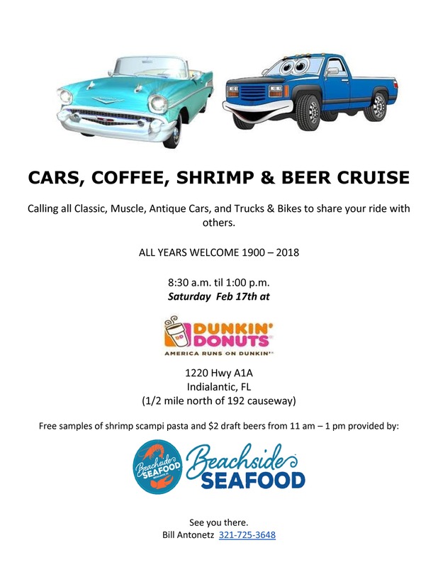 Cars, Coffee, Shrimp & Beer Cruise Flyer