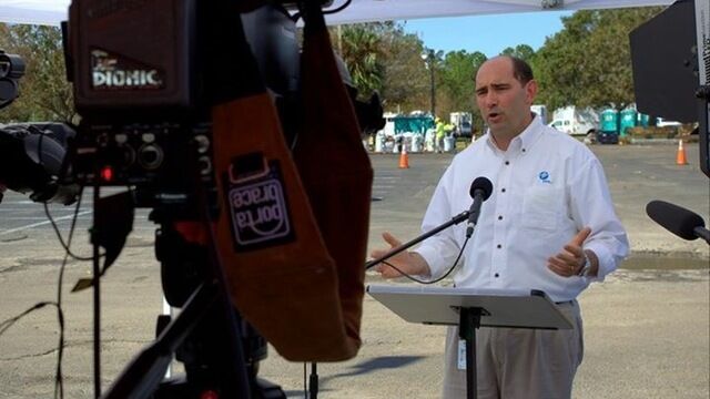 Florida Power & Light President and CEO, Eric Silagy and VP Robert Gould flew on the grounds at AMCM and FPL staging area to check on progress & receive input from front line workers. Gould addressed the media.
