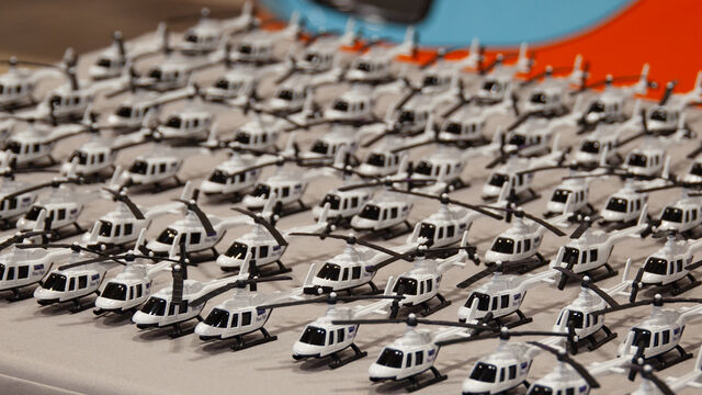 The miniature First Flight helicopters on display at the Health First 30th Anniversary of First Flight