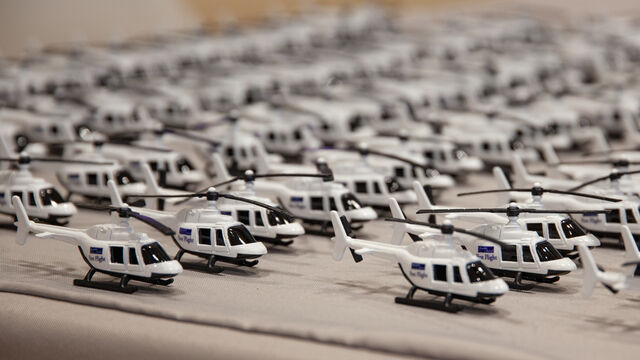 The miniature First Flight helicopters on display at the Health First 30th Anniversary of First Flight