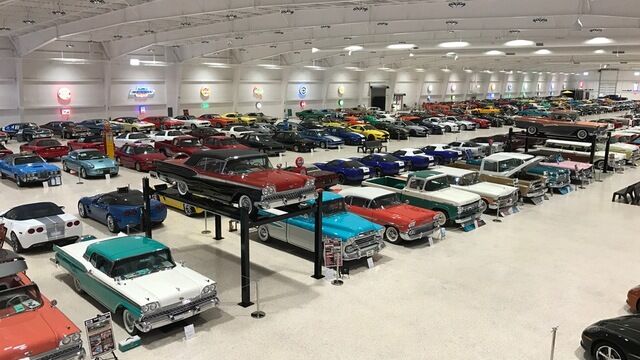 Cars and trucks line the American Muscle Car Museum