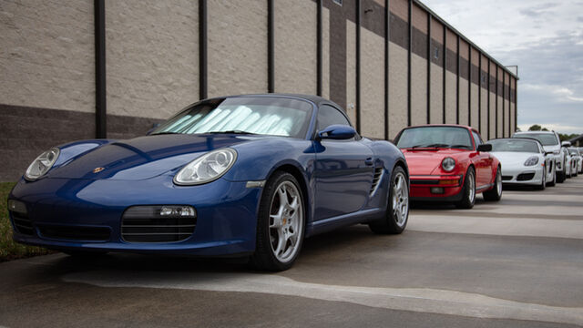 a line of cars outside