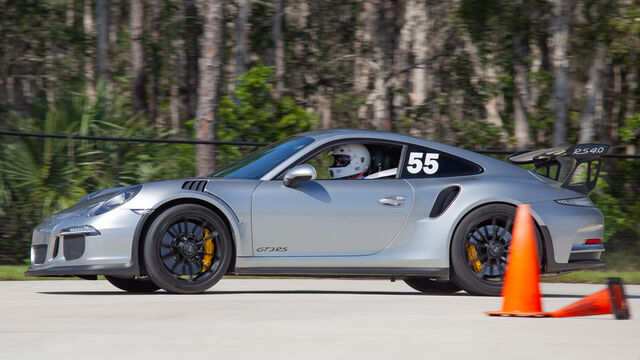 A silver Porsche GTR3S at the Porsche Club of America (PCA) Autocross 