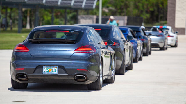 A line of Porsches at the Porsche Club of America (PCA) Autocross 