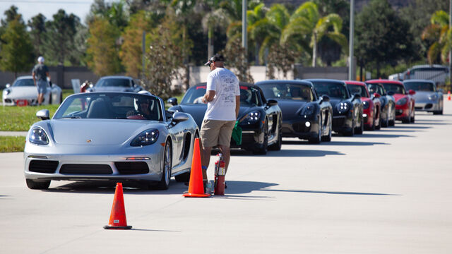 The line of Porsches at the Porsche Club of America (PCA) Autocross 
