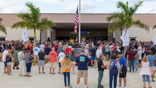 Crowds gather outside the Veteran's Day Open House